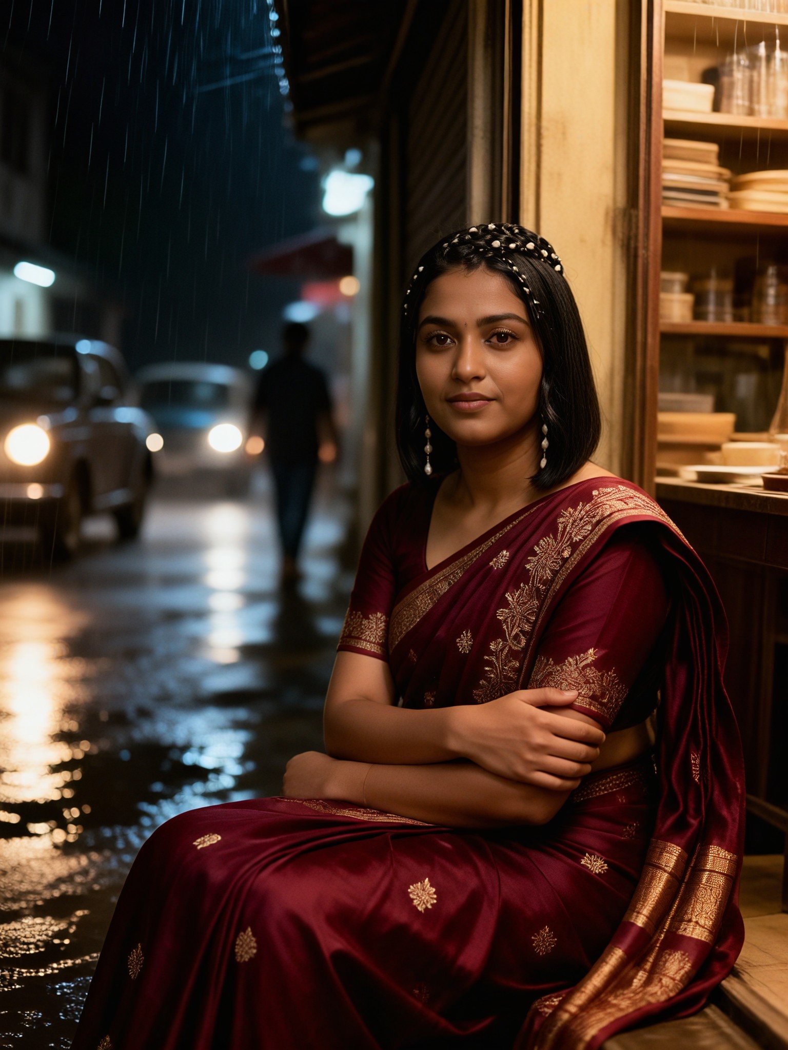 Vintage Red Saree Rain Gaze image