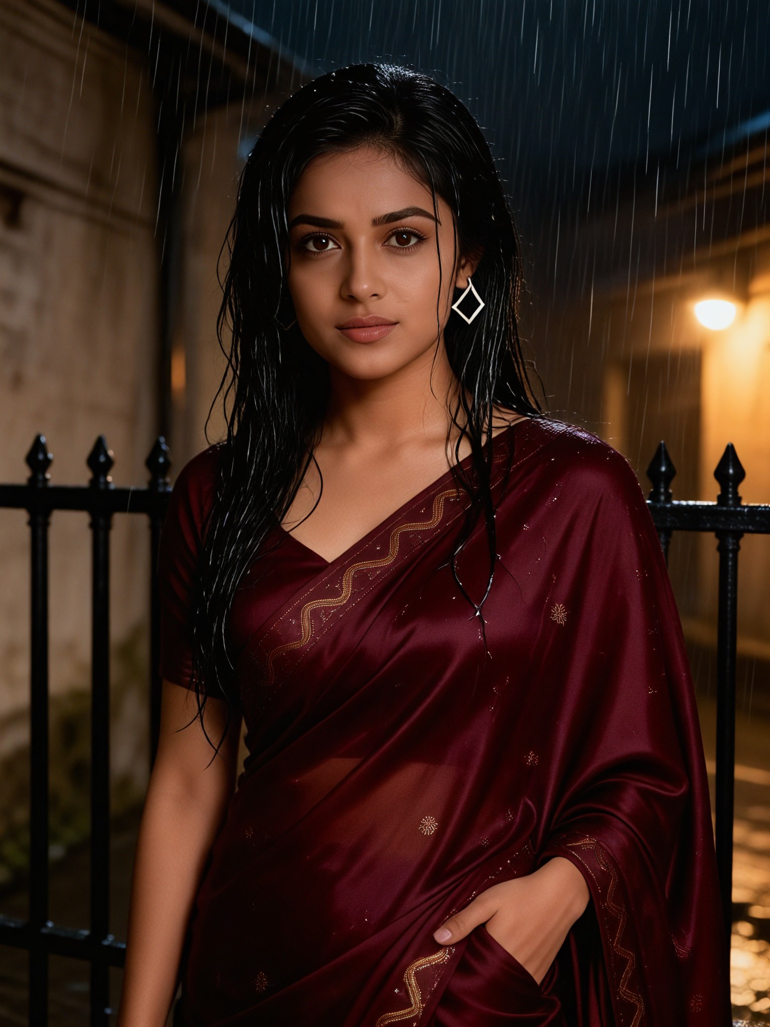 Vintage Red Saree Rain Gaze image