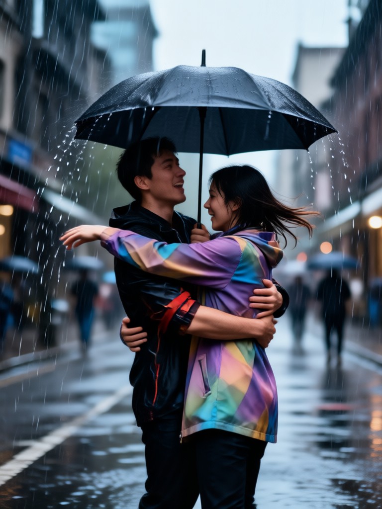 A passionate slow motion rain embrace