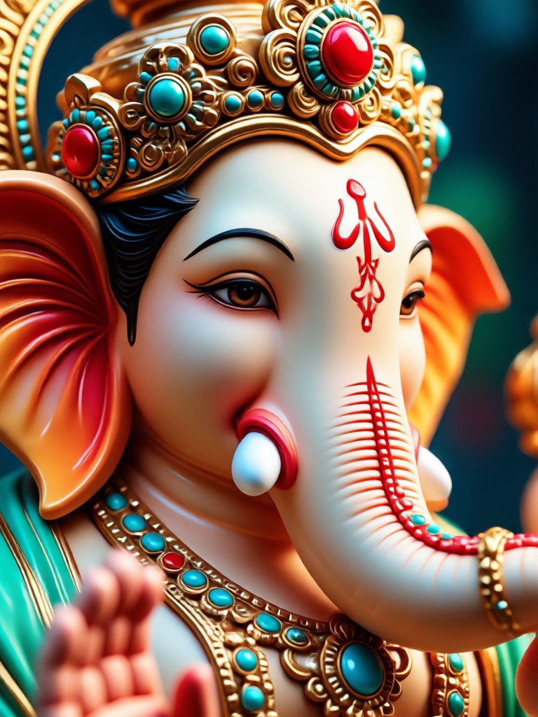 AI Ganpati portrait with a vibrant, colorful divine light effect