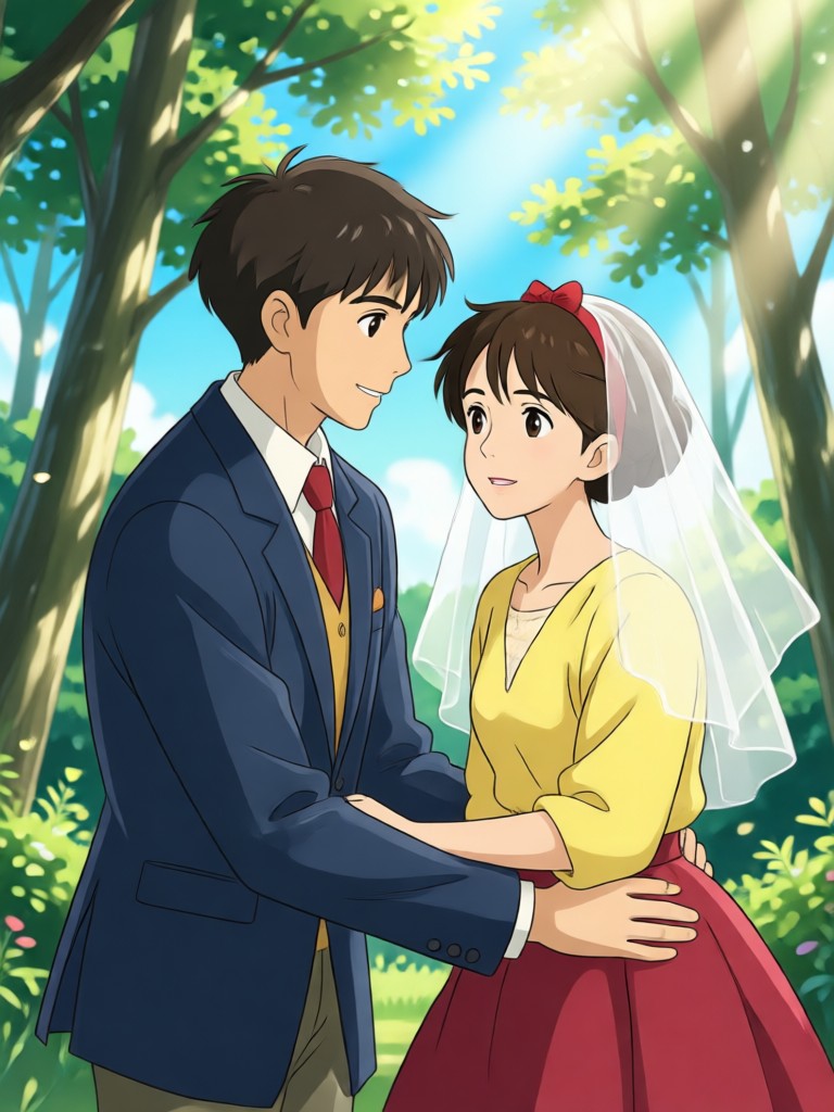 Fantasy Ghibli style couple with magical creatures