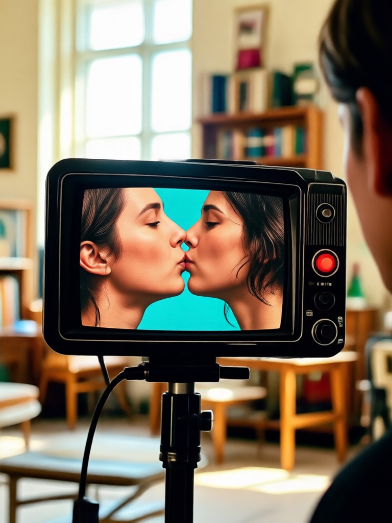 Couple viewing vintage kissing video on phone