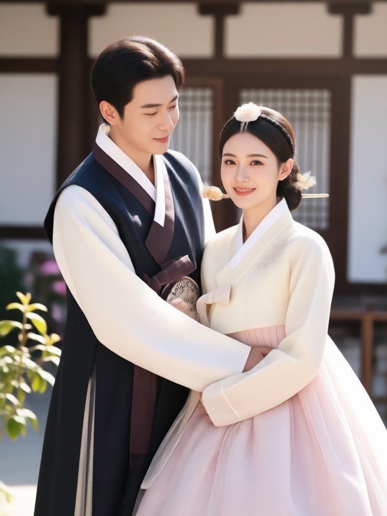 Winter hanbok couple with snow and traditional architecture