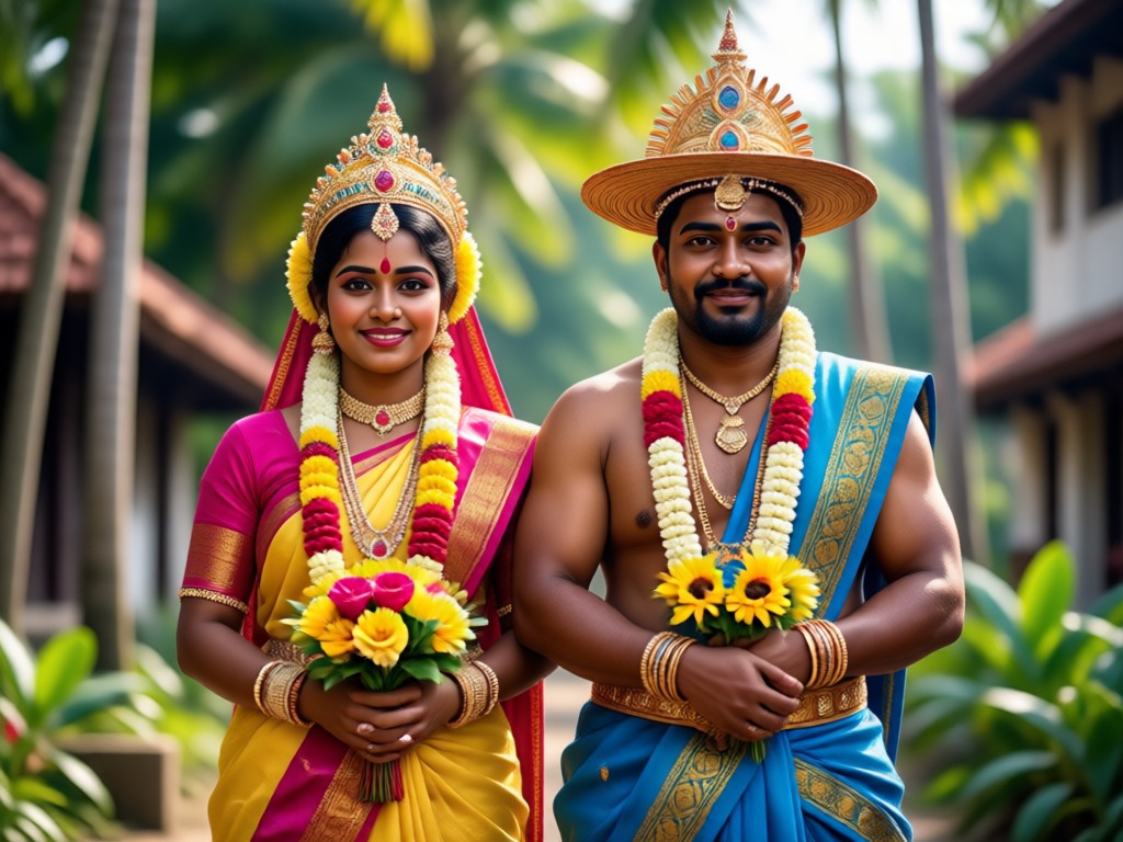 Kerala couple with traditional temple backdrop AI generated