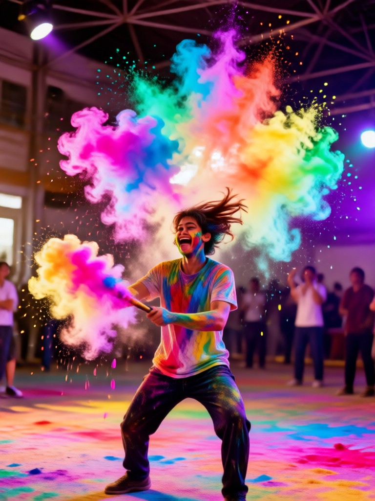 AI generated Holi scene with a splash of blue and green powder mid air