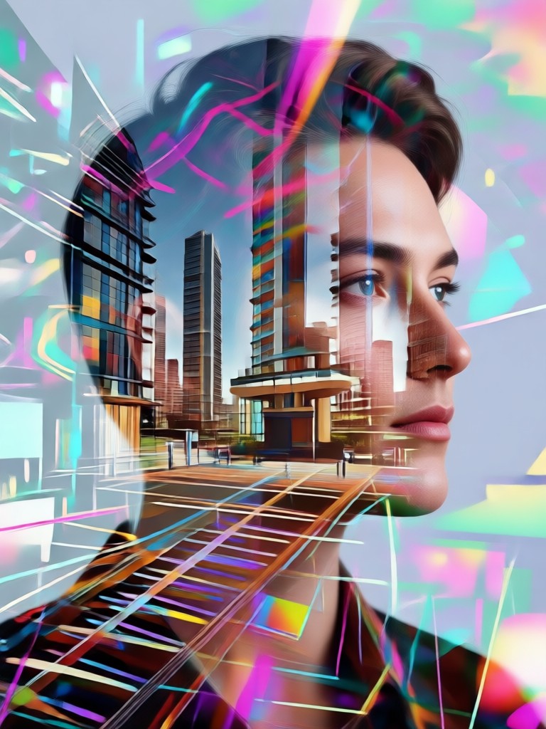 portrait merged with deconstructivist architecture and fragmented shapes