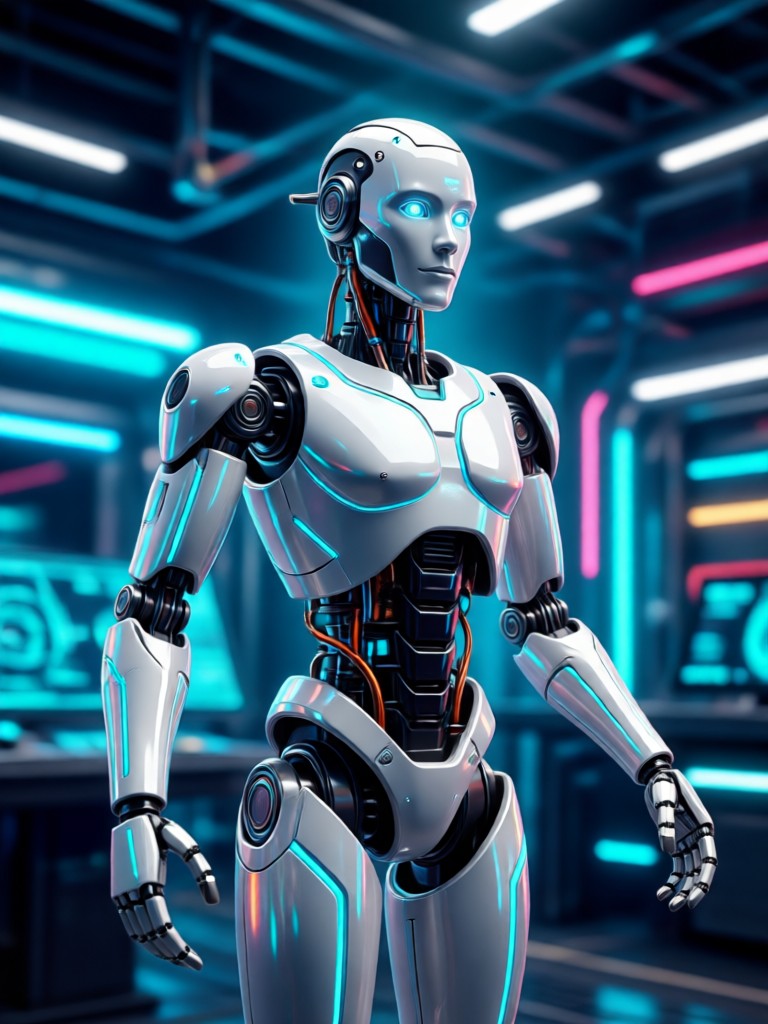 Potret filter robot AI dengan visor data holografik