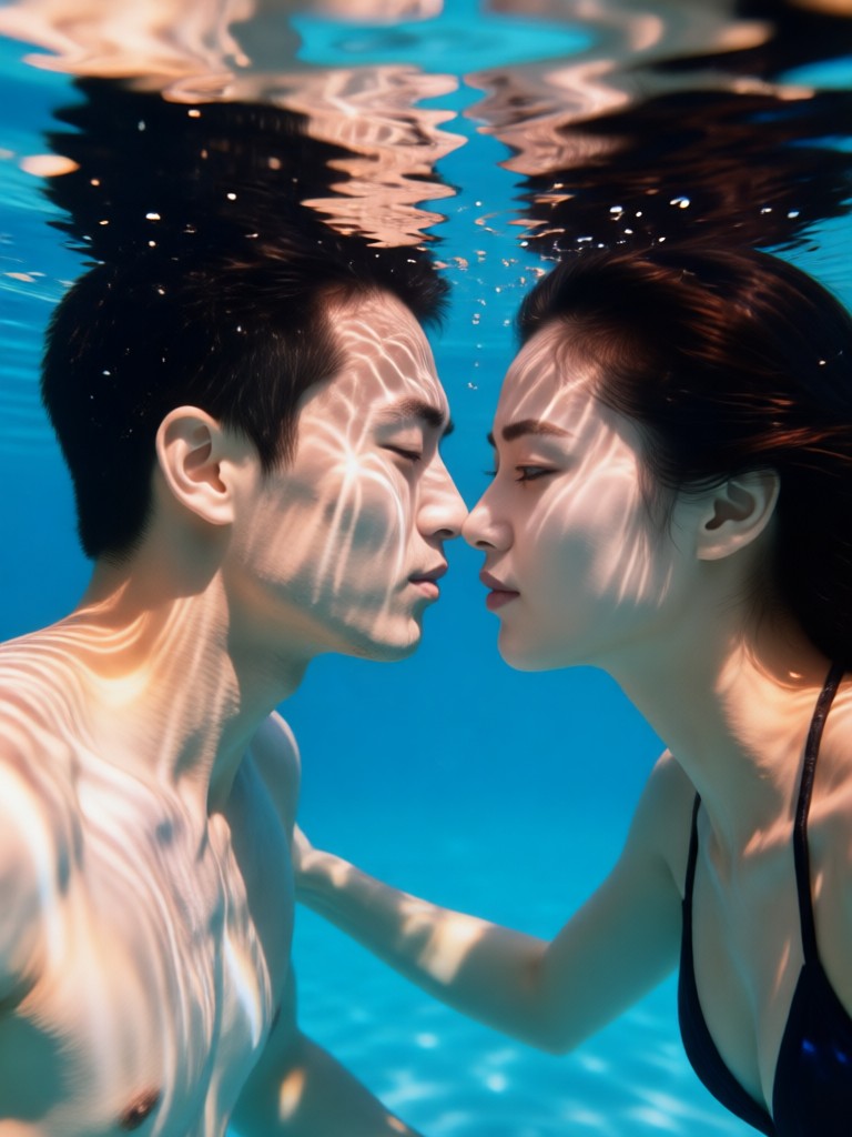 Playful underwater couple portrait with bubbles