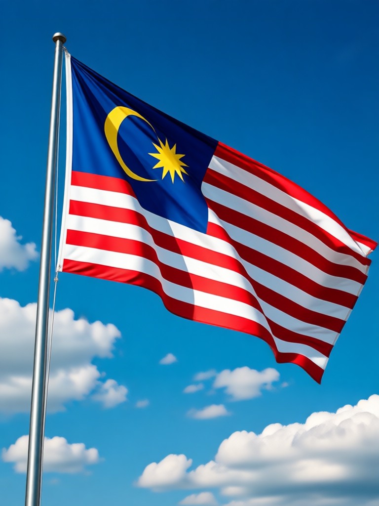 Phone screen showing the HeyO app creating a Jalur Gemilang AI photo