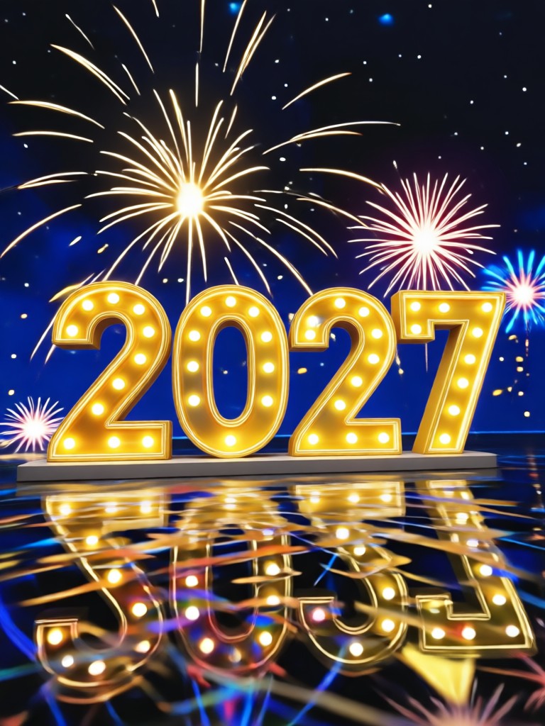 Stadtpanorama mit digitalem 2027-Feuerwerk am Himmel