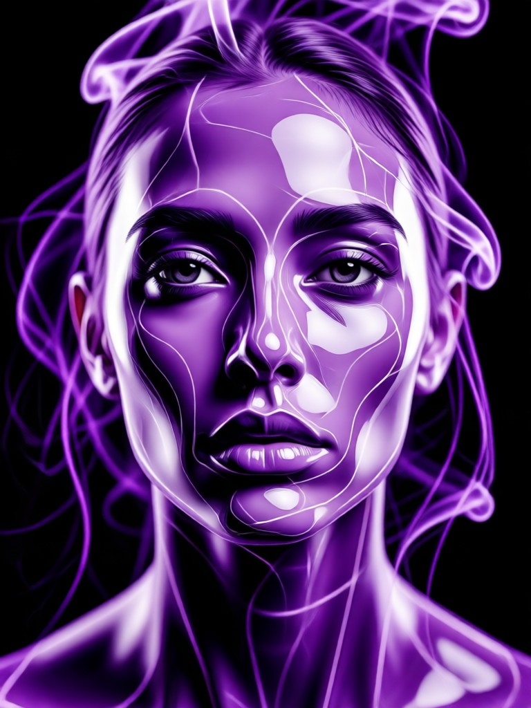 Aplicativo Pixpop criando um retrato com fumaça roxa em um celular