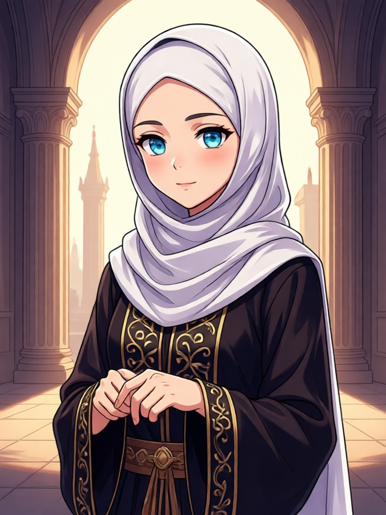 Professional Muslim anime character in modern hijab