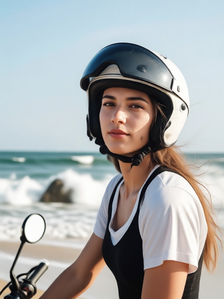 HeyO app interface showing AI beach motorcycle portrait generation