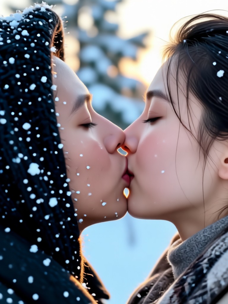 Winter sunset kiss animation on a bridge