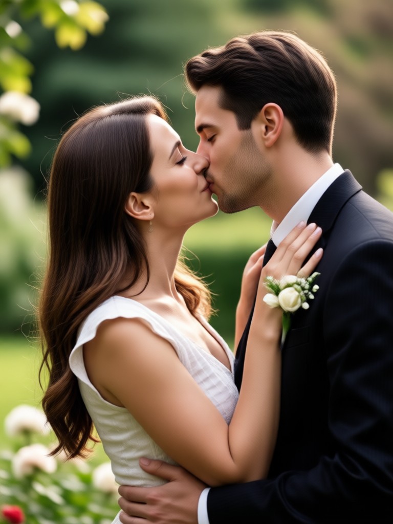 Playful backyard kiss animation for married couple