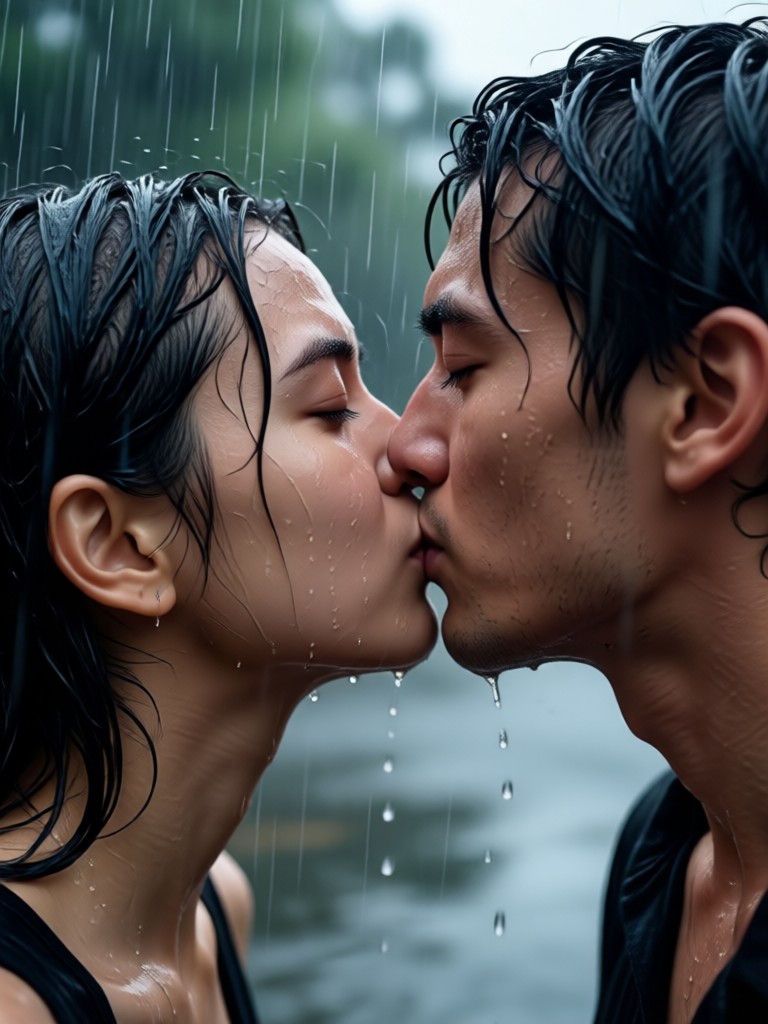 Black and white rain kiss scene with vintage film effect