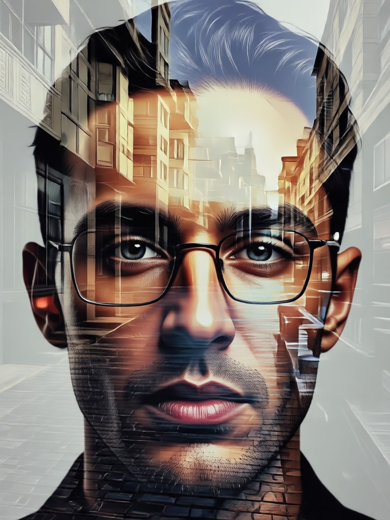 Cinematic double exposure with architectural elements