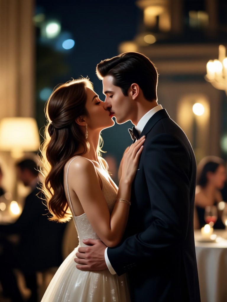 Date night kiss video with sparkling lights