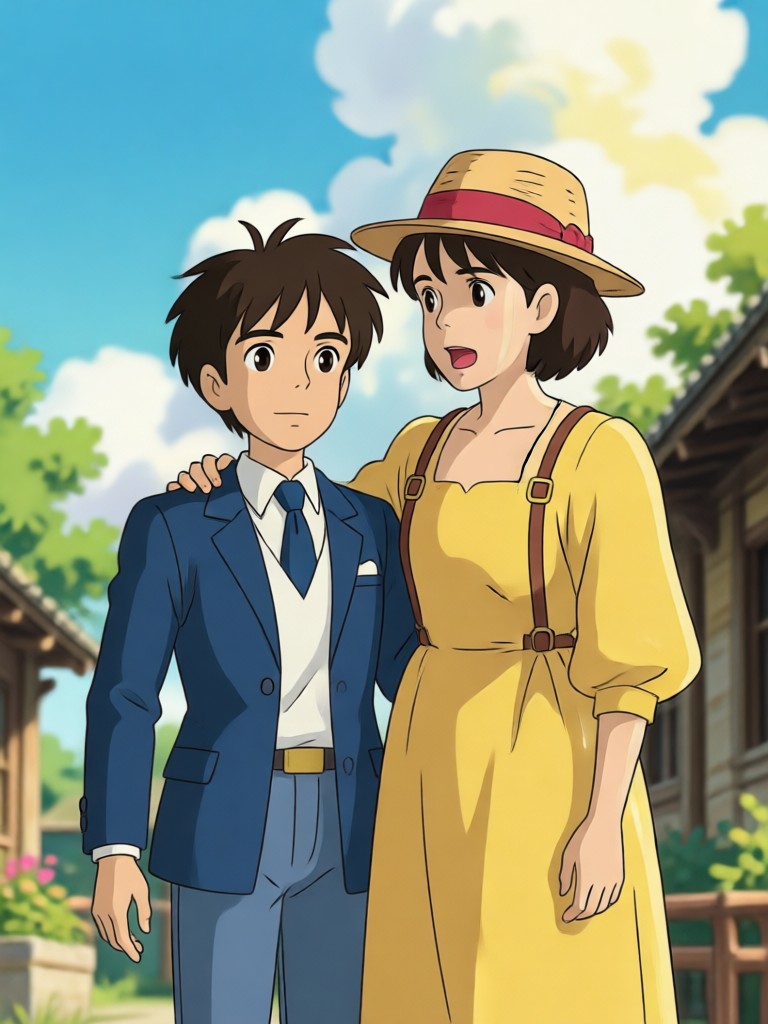Anime-Paar Ghibli-Verwandlung Himmel-Hintergrund