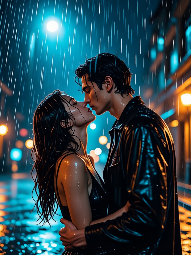Dramatic cinematic kiss in heavy rain scene