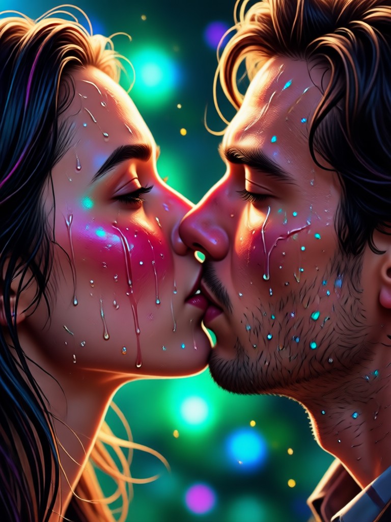Moody cinematic kiss with lens flare