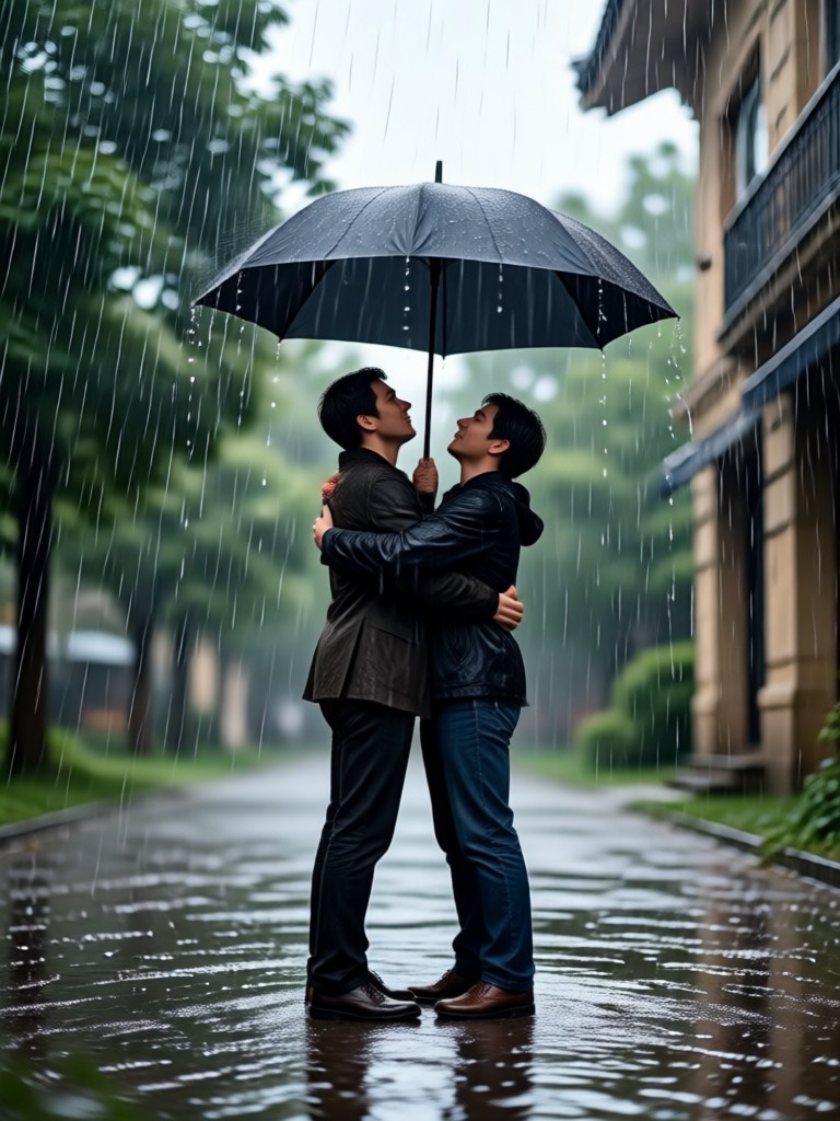 Couple embracing on a bridge in the rain AI art