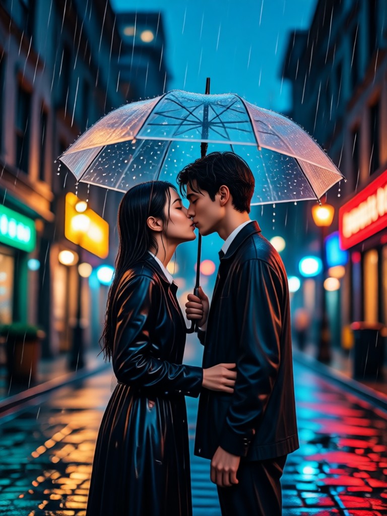Couple kissing under streetlight in heavy rain AI video