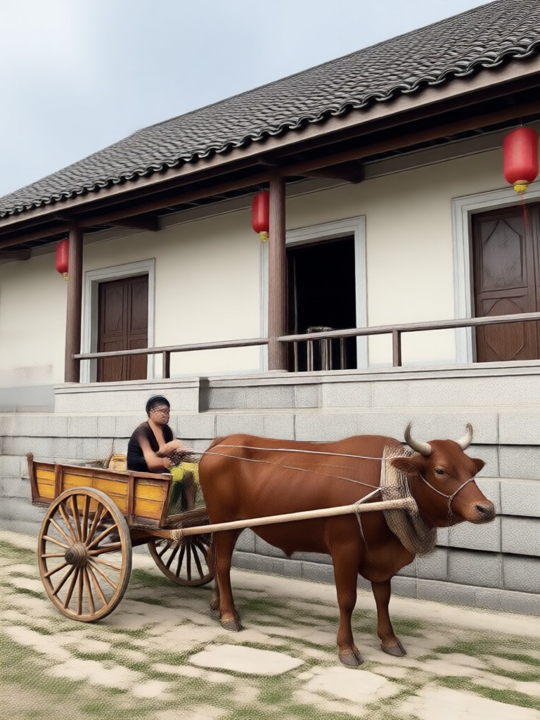 Ghibli style animated bullock cart scene