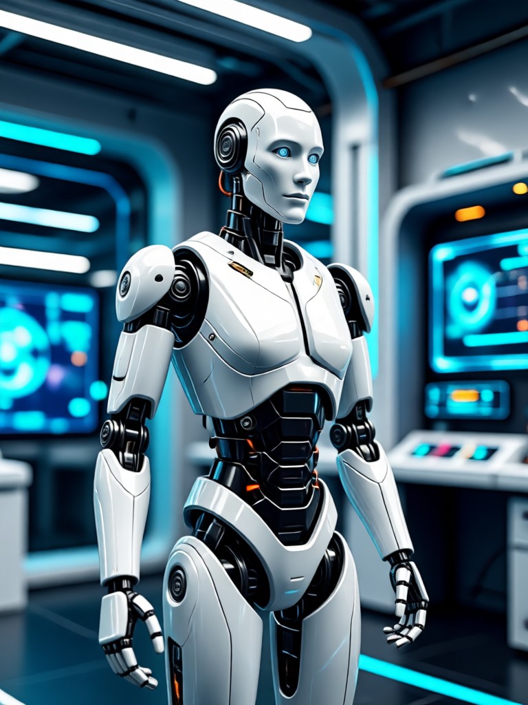 AI robot filter result female cyborg with blue energy particles