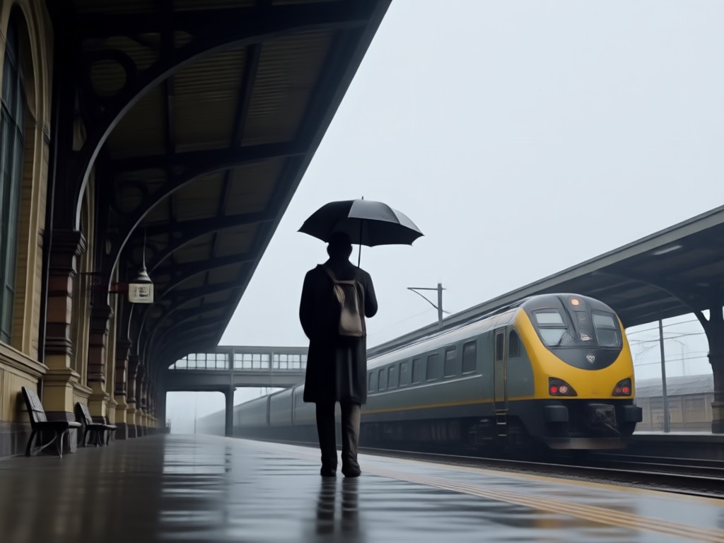 AI生成の駅ホームのリアルな雨のエフェクト