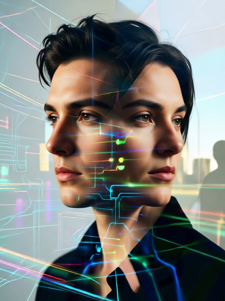 Contoh potret double exposure AI yang menyatu wajah dengan pemandangan pegunungan
