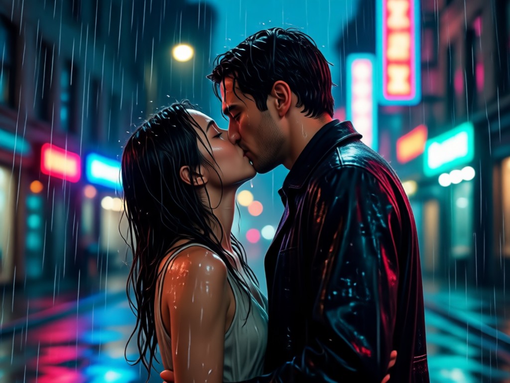 Cinematic rainy night kiss transformation comparison