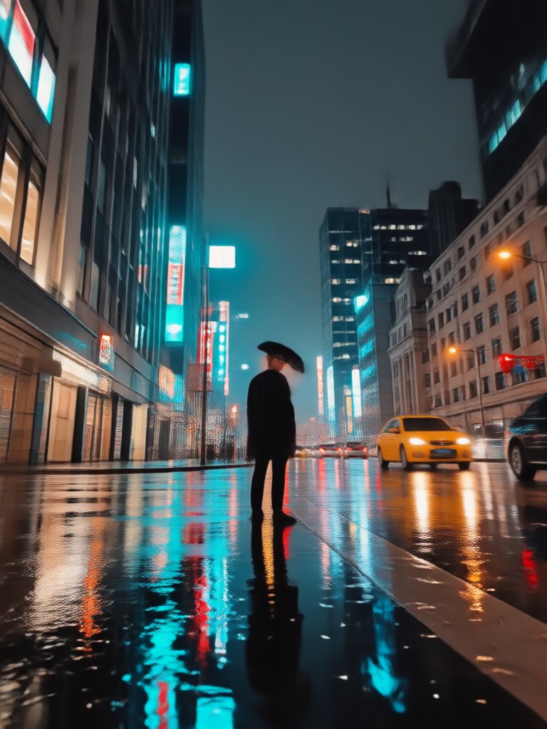 Melancholic embrace in empty street rain