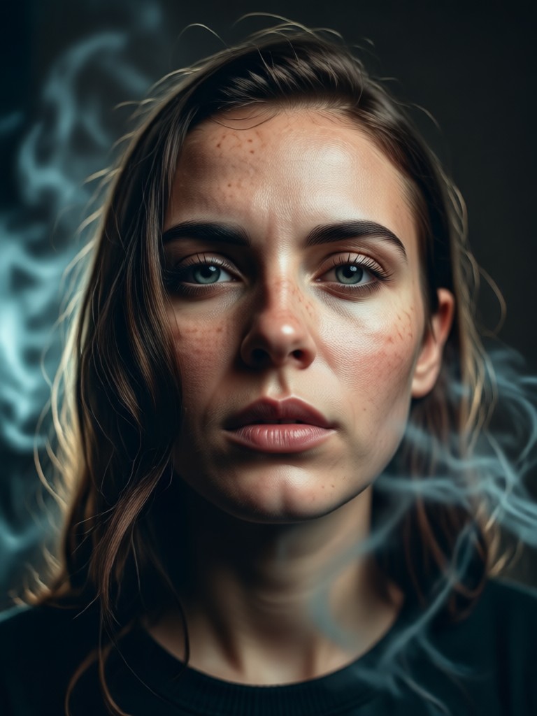AI portrait with dense, billowing smoke