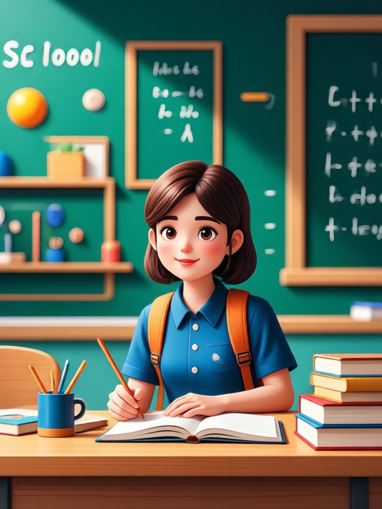 AI generated back to school photo example with student and classroom