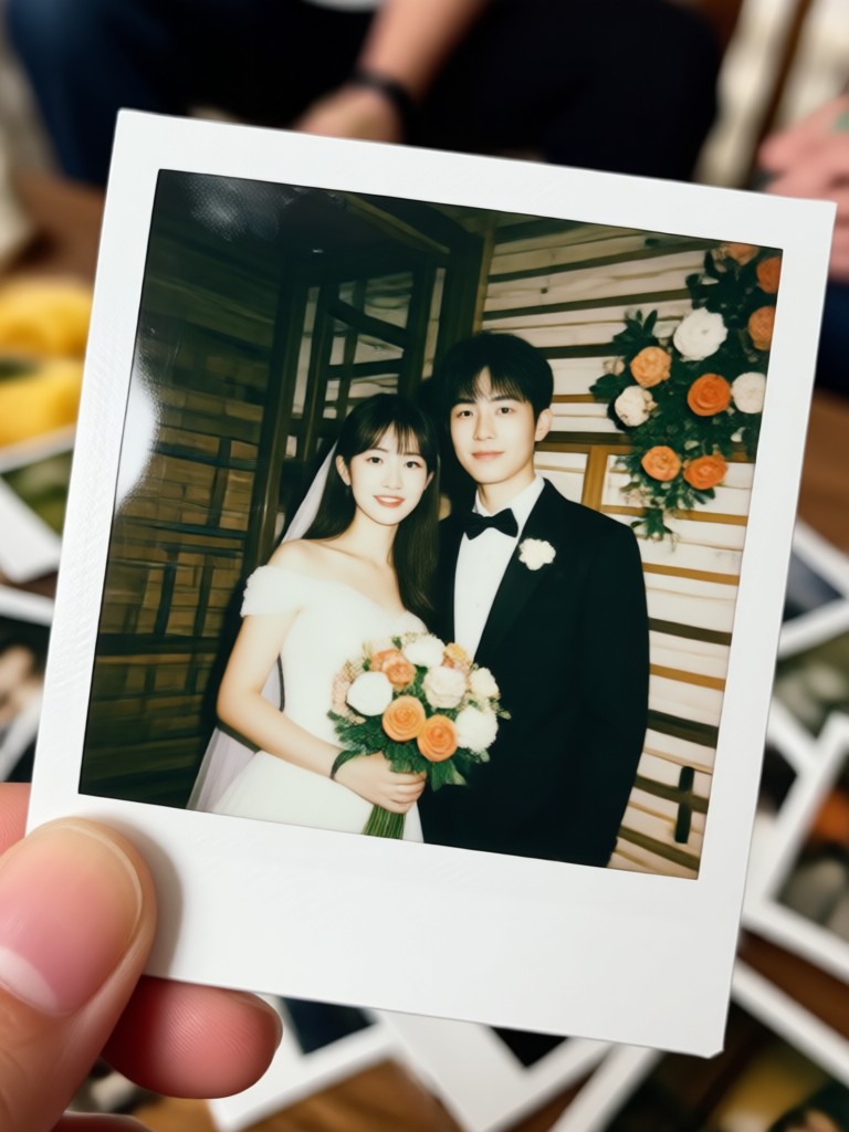 Formal portrait with Polaroid border and filter
