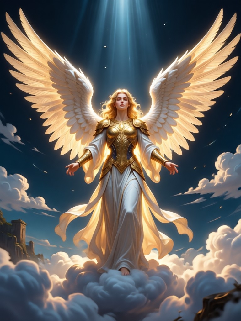 Ángel sereno en un paisaje de bosque místico