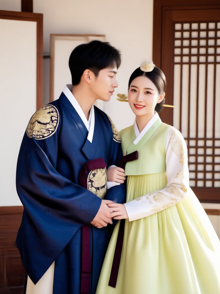 Minimalist hanbok couple portrait clean aesthetic