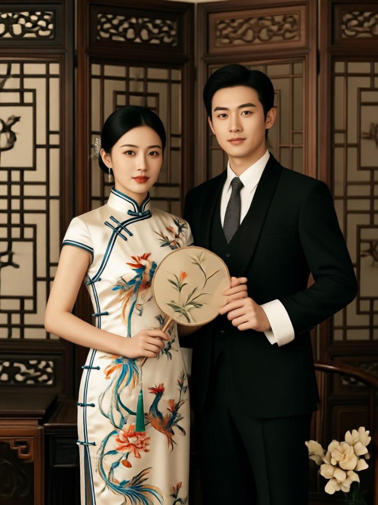 Qipao couple portrait with tea ceremony