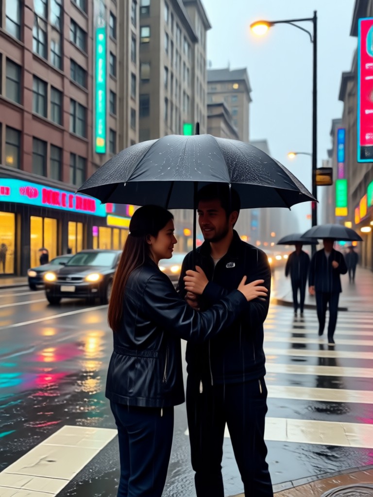 Golden hour rain hug cinematic shot