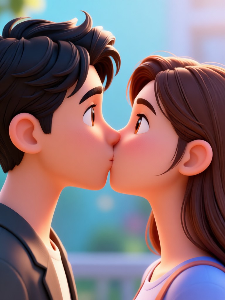 Realistic cinematic sunset kissing avatar video