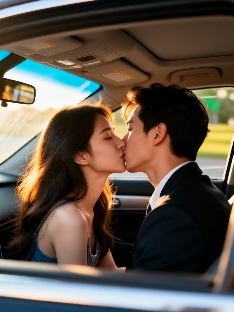Two photos kissing in car at night with city lights