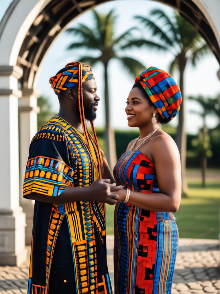 Retrato de casal com pano kente ganês