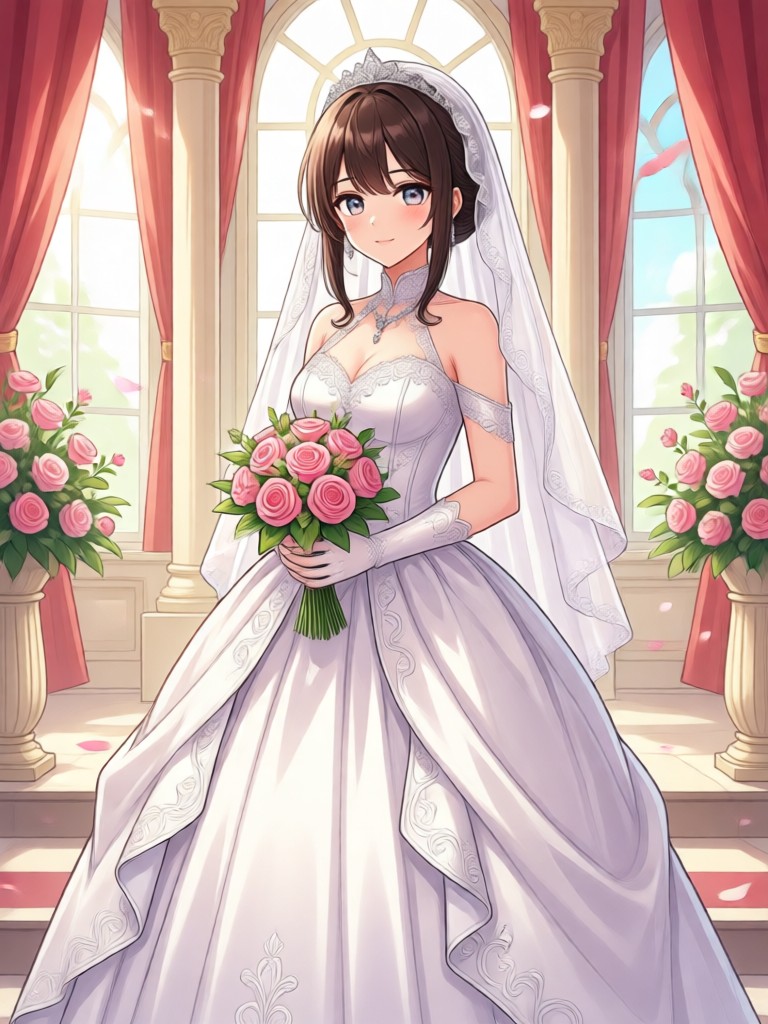 Cyberpunk anime bride with neon wedding accessories