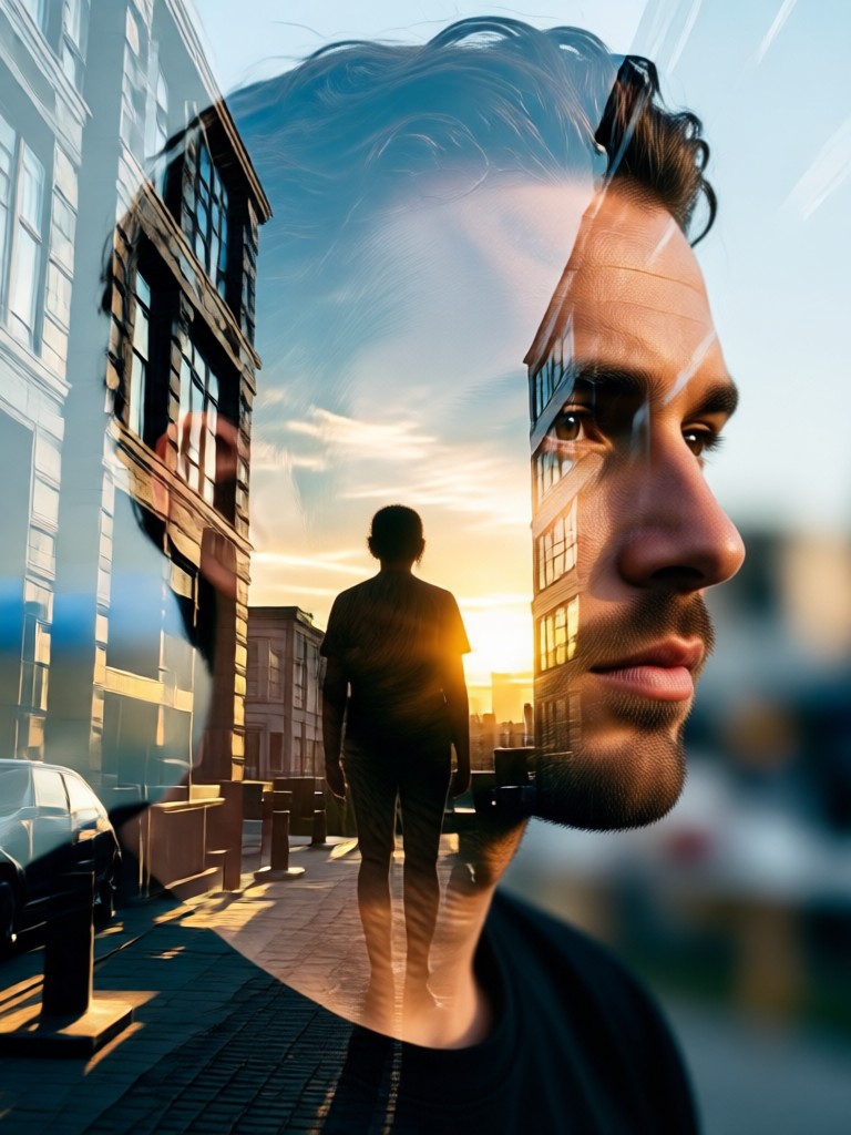 Profile picture double exposure with city skyline at night