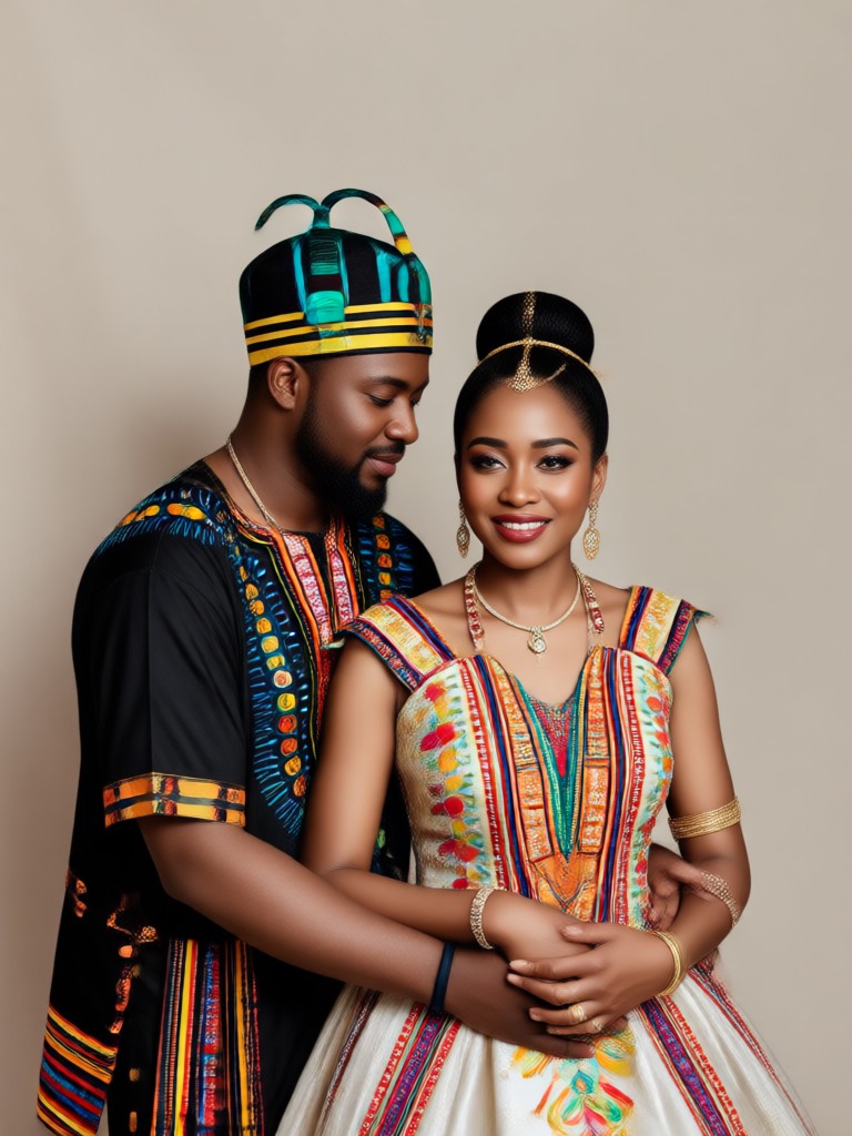 Couple in Nigerian George wrapper and blouse with coral beads