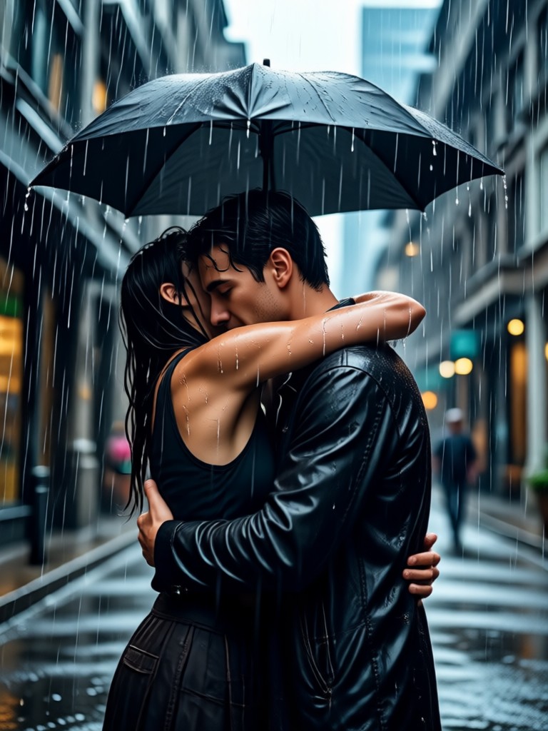 Fantasy rain with magical lighting embrace