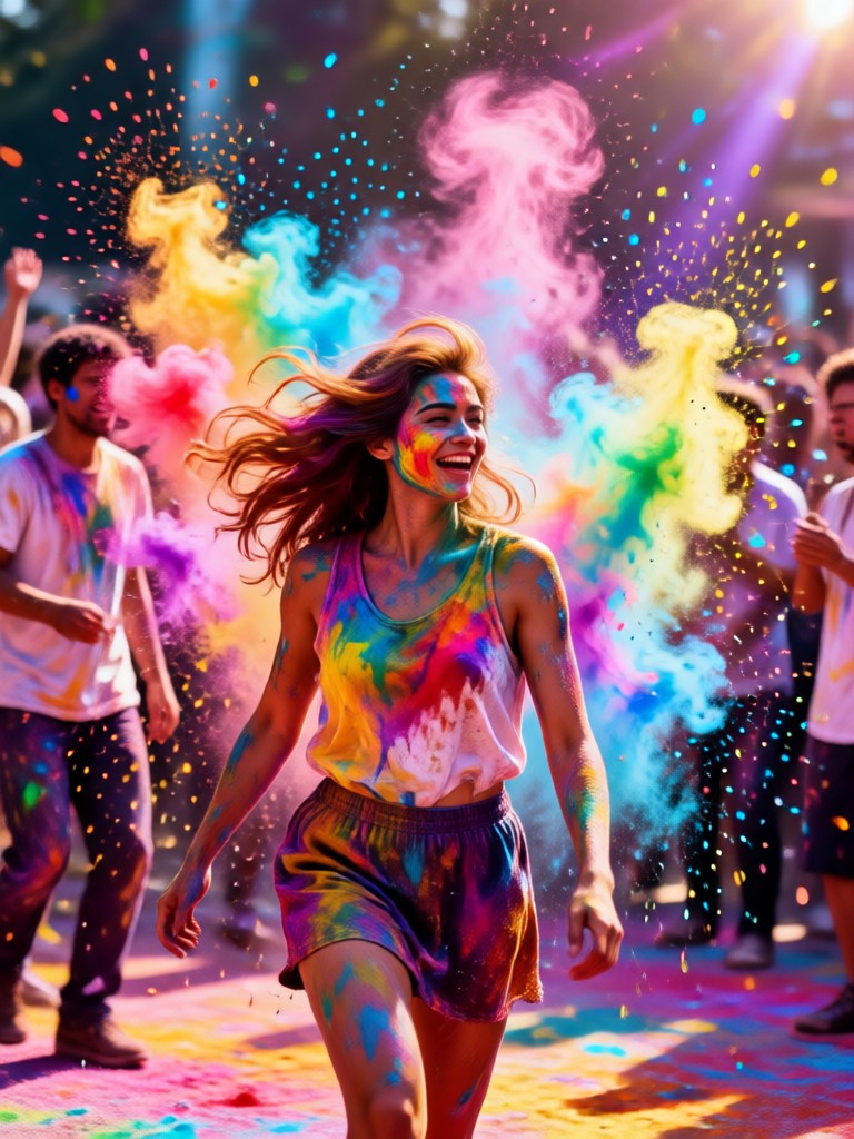 Couple portrait with AI Holi pink and yellow powder