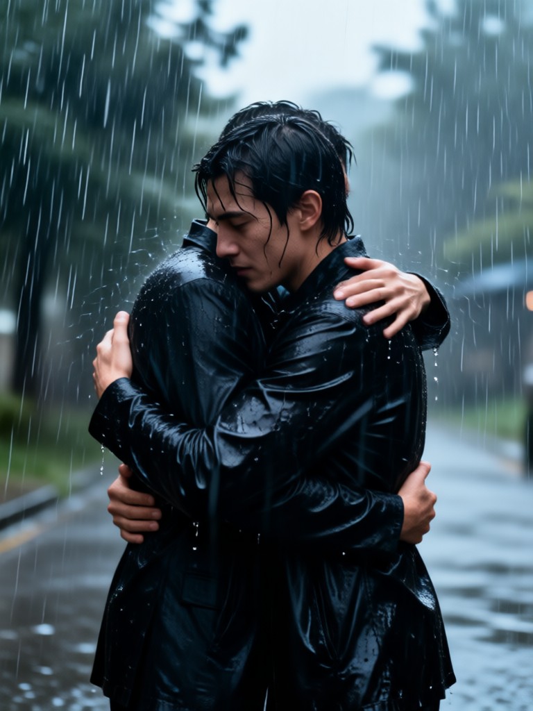Emotional farewell in the rain AI video