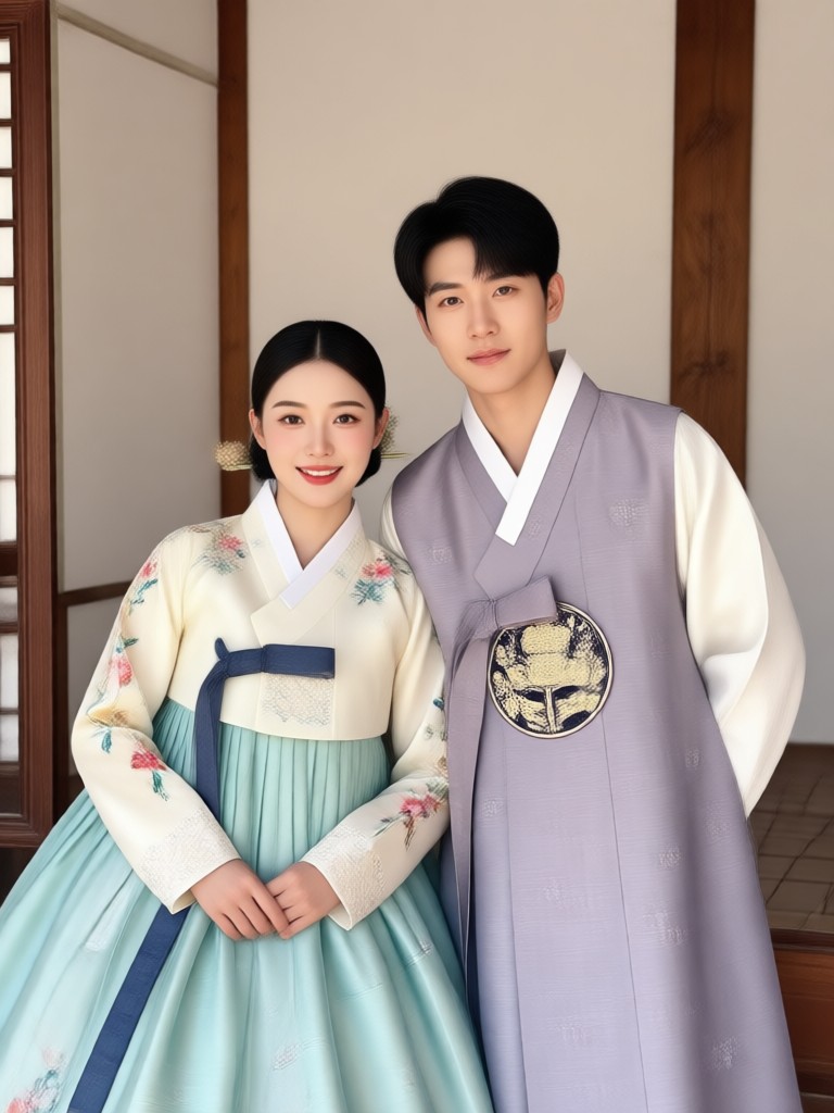 Modern pastel Hanbok engagement portrait in cherry blossom garden